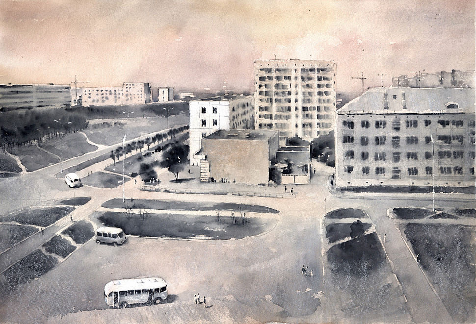 Вид с 9-го этажа на Пущино 70-ых, акварель, картина