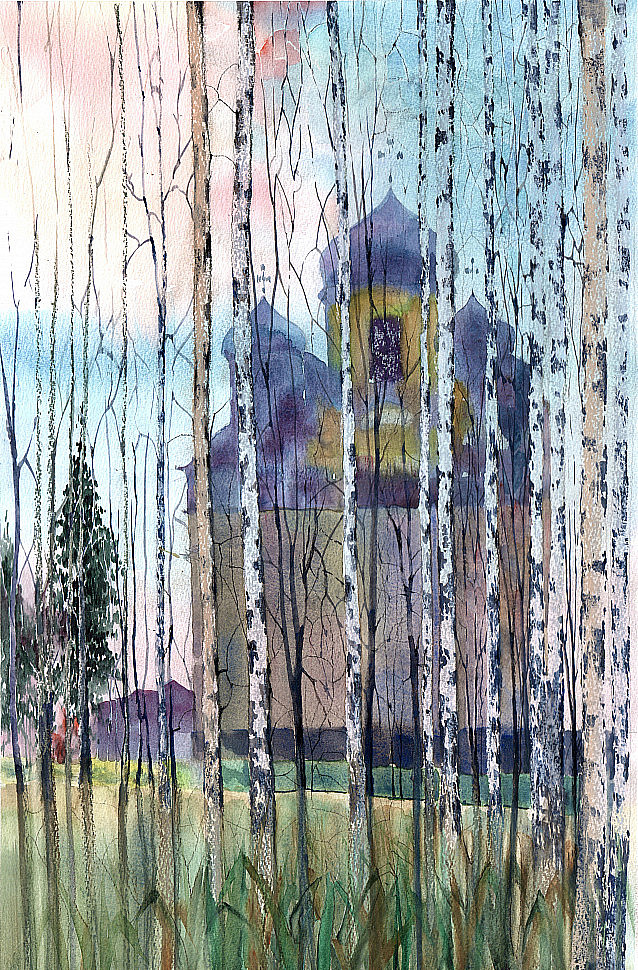 Храм в Вытегре, акварельный пейзаж