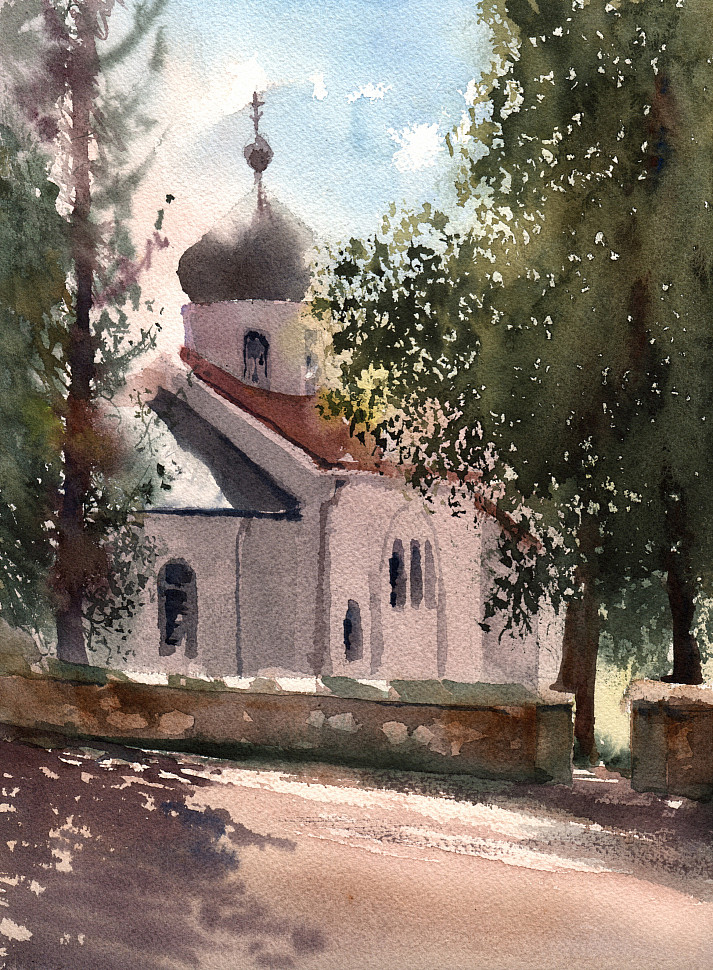 Церковь в деревне Бёхово, акварель, пейзаж