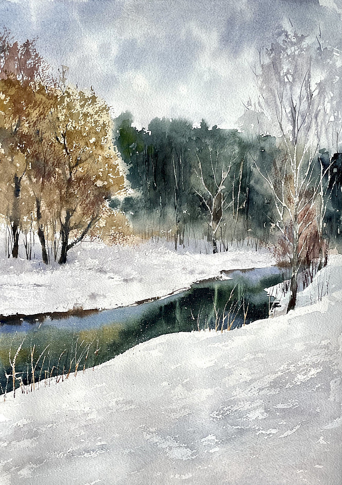 Река Лопасня зимой, акварель, пейзаж