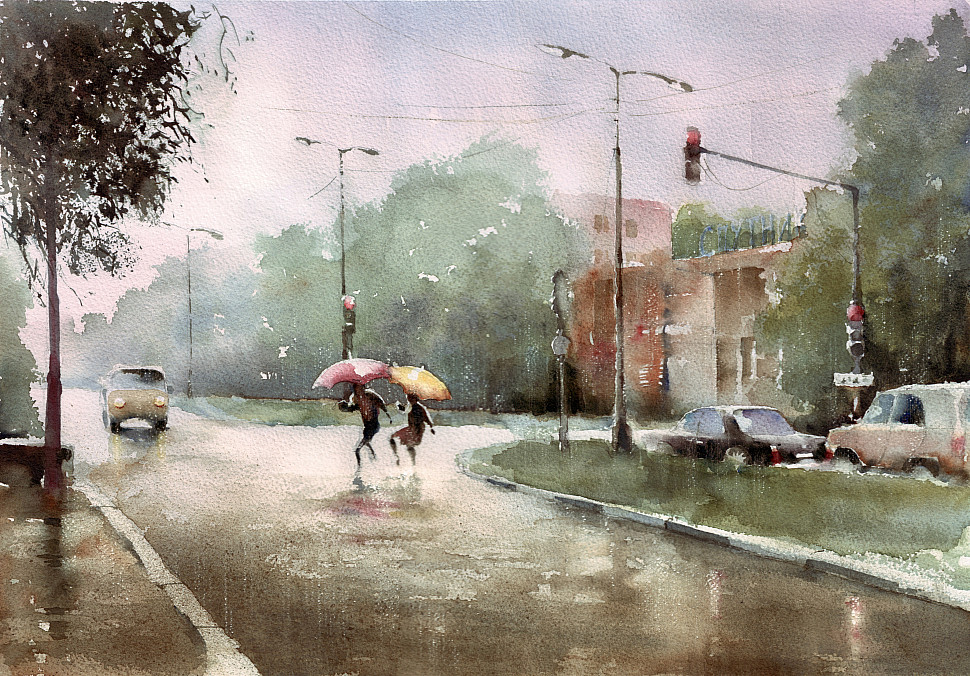 В Пущино дождь, акварель, картина