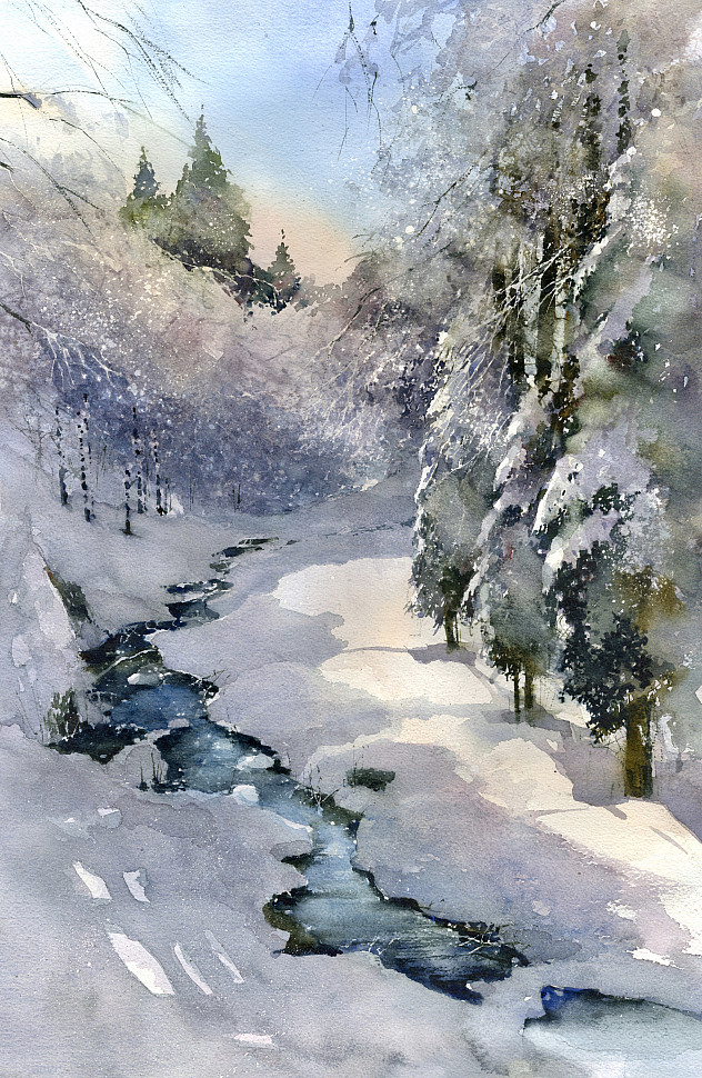 Горный ручей зимой, акварельный пейзаж