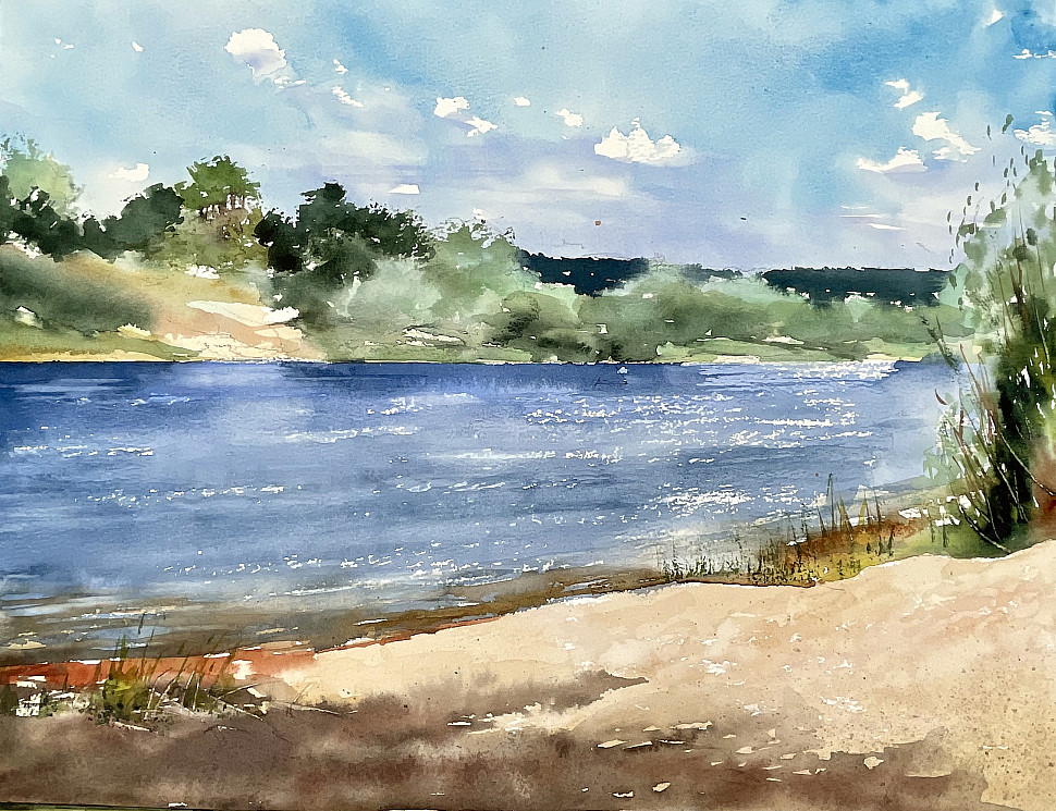 Река Ока в ветреный день, акварель, пейзаж