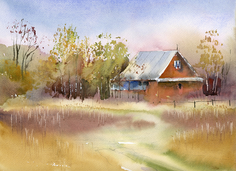 Осенний домик, акварель, картина