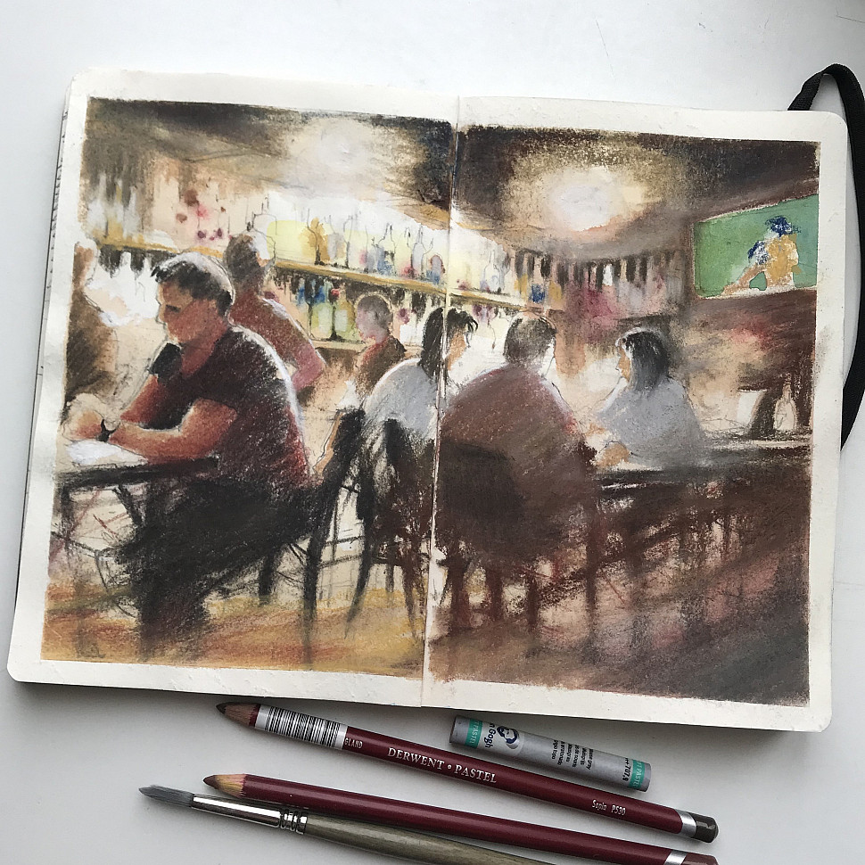 Пастельный рисунок ночного бара Ночной бар, пастель, рисунок