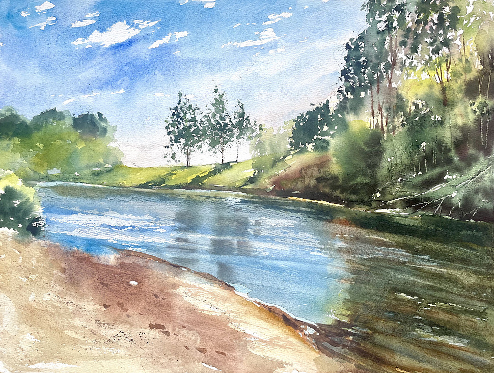 Река Тьма, акварель, пейзаж