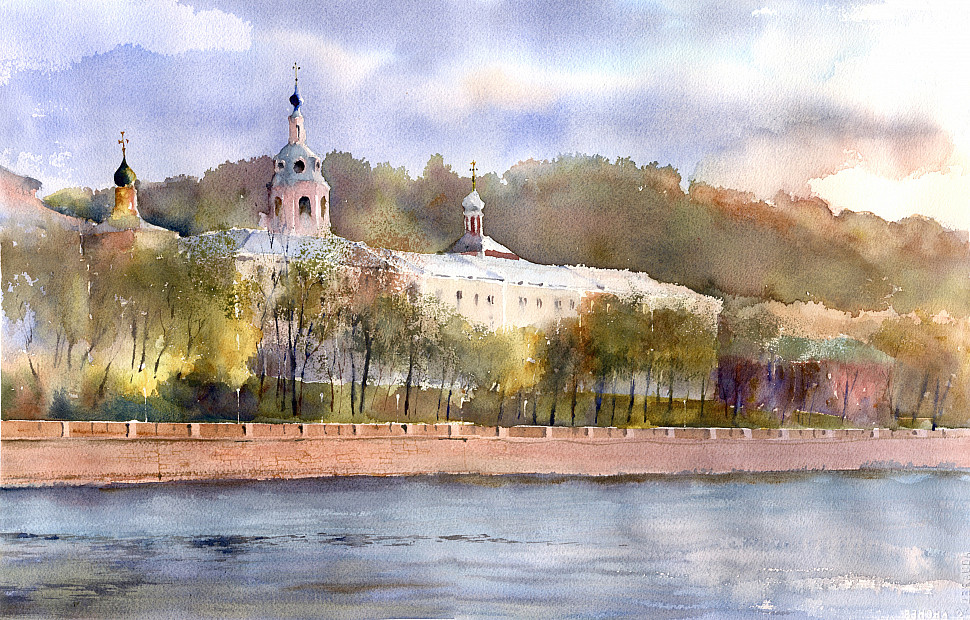 Вид на Андреевский монастырь с берега реки, акварель, пейзаж