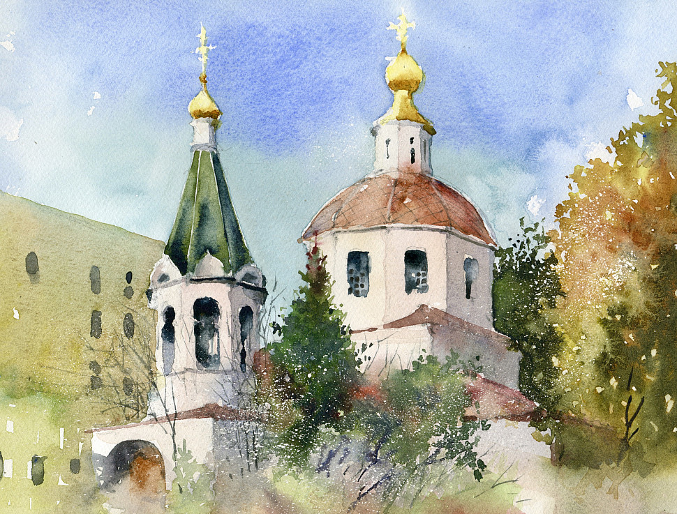 Храм на Большой Никитской в Москве, акварель, городской пейзаж