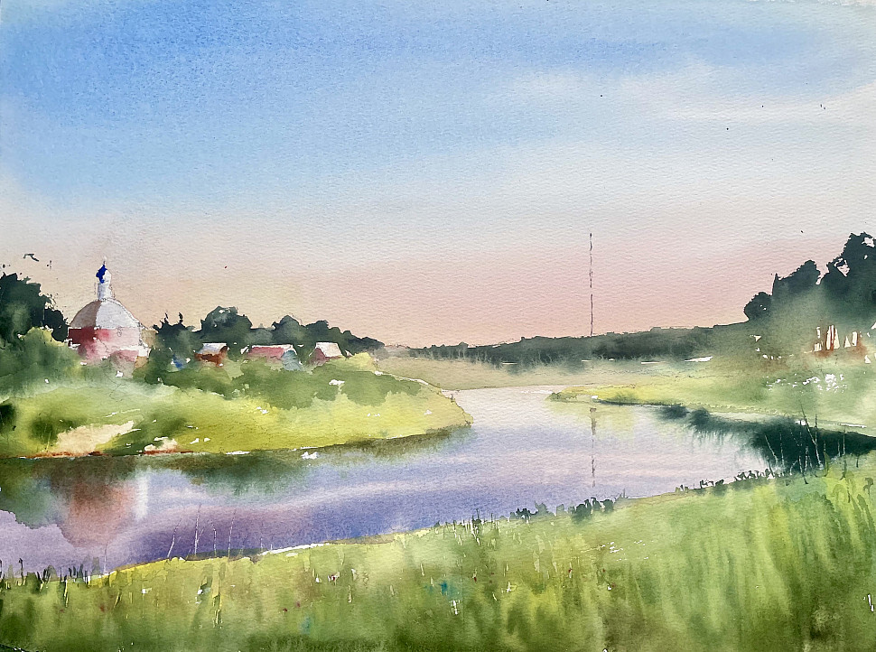 Река, деревня, церковь - акварельный пейзаж
