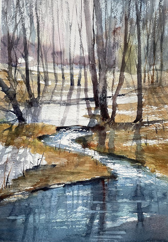Ручей в Битцевском парке, акварель, картина