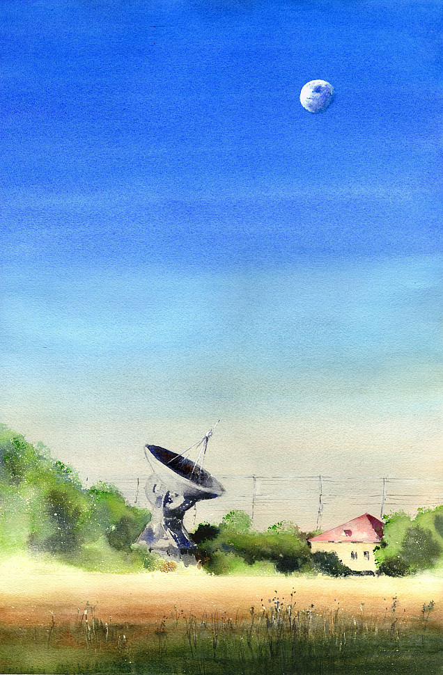Телескоп Пущинской радиоастрономической обсерватории, акварель, рисунок