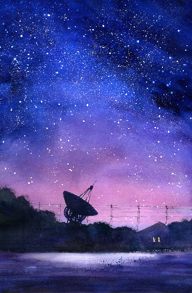 Пущинская радиоастрономическая обсерватория, телескоп, акварель, рисунок