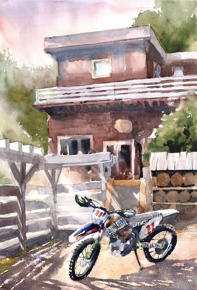 Enduro bike and Old Boys, акварель, рисунок