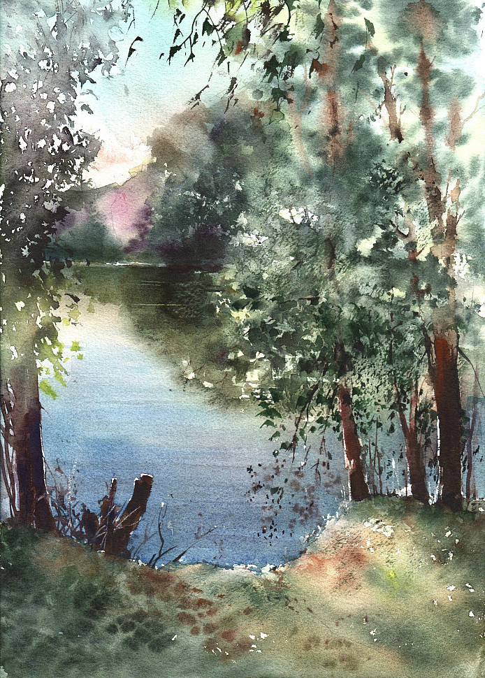 Пейзаж с озером, деревьями и чем-то розовым, акварель