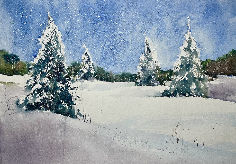 Ёлка под снегом, акварель, пейзаж