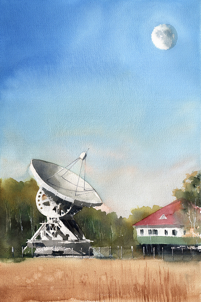 Телескоп в Пущино, акварель, пейзаж
