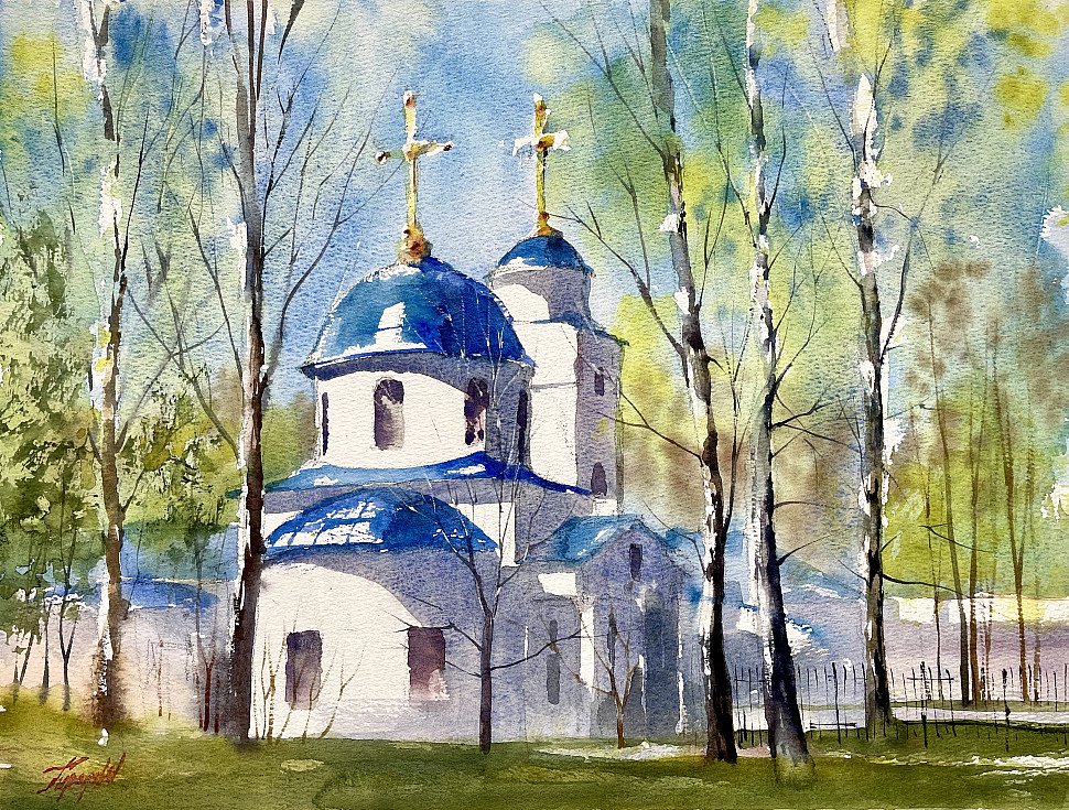 Храм Иоанна Кронштадского, акварель, пейзаж