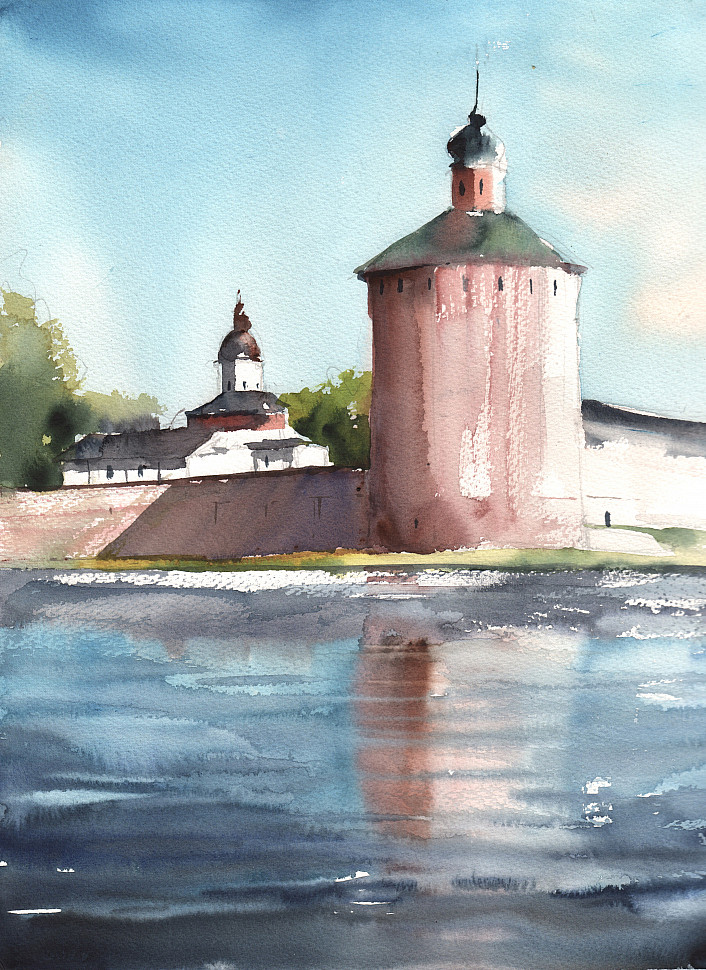 Красная башня, акварель, картина