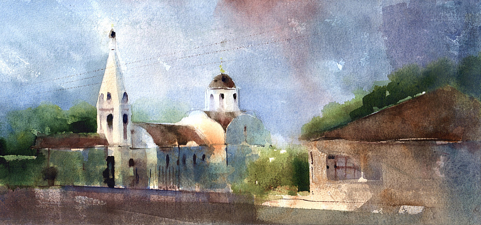 Тихвинская церковь, Троицк, акварельный пейзаж