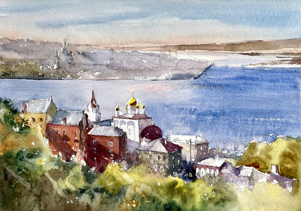 Вид на Нижний Новгород, акварель, пейзаж