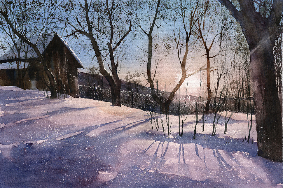 Закат зимой в деревне, акварельный пейзаж