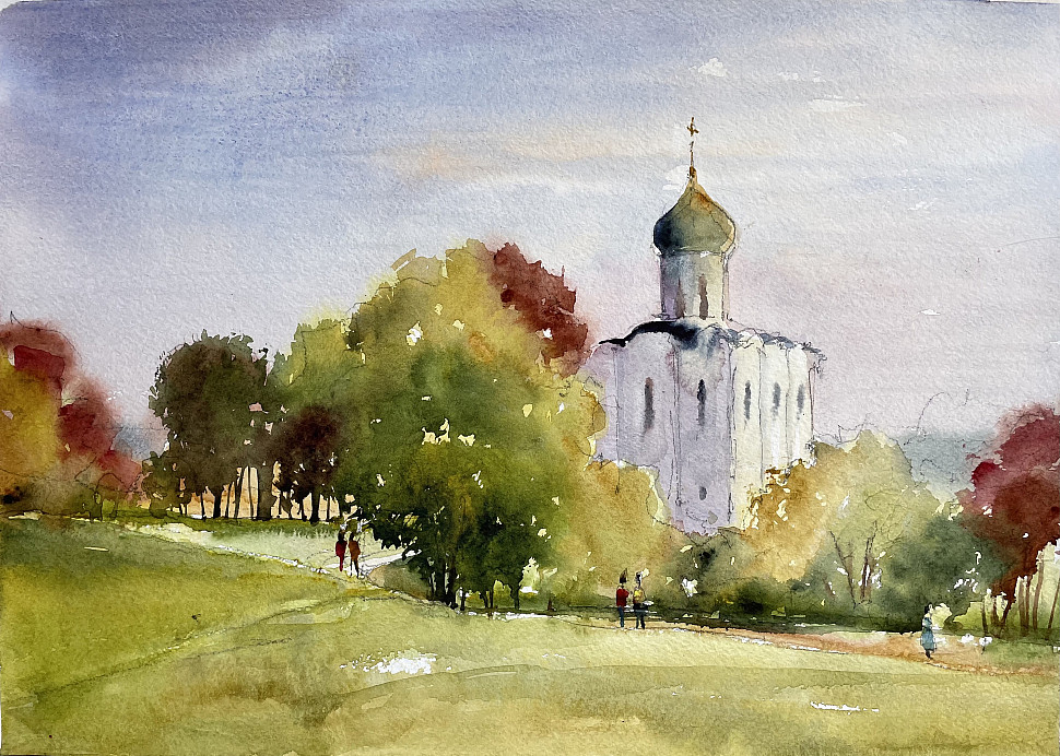 Церковь Покрова на Нерли, акварель, пейзаж