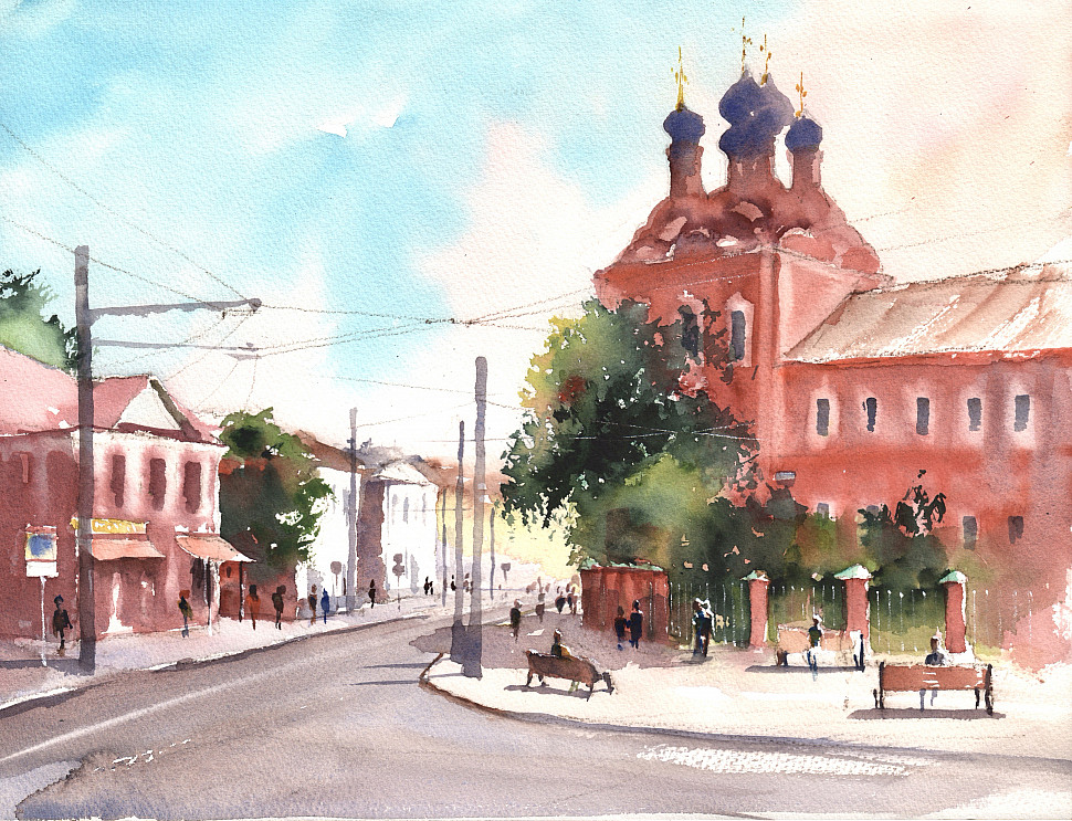 Церковь Николы на Болвановке, акварельный пейзаж