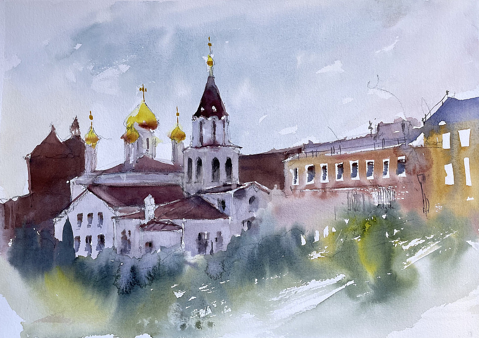 Храм пророка Ильи, Нижний Новгород, акварель, пейзаж