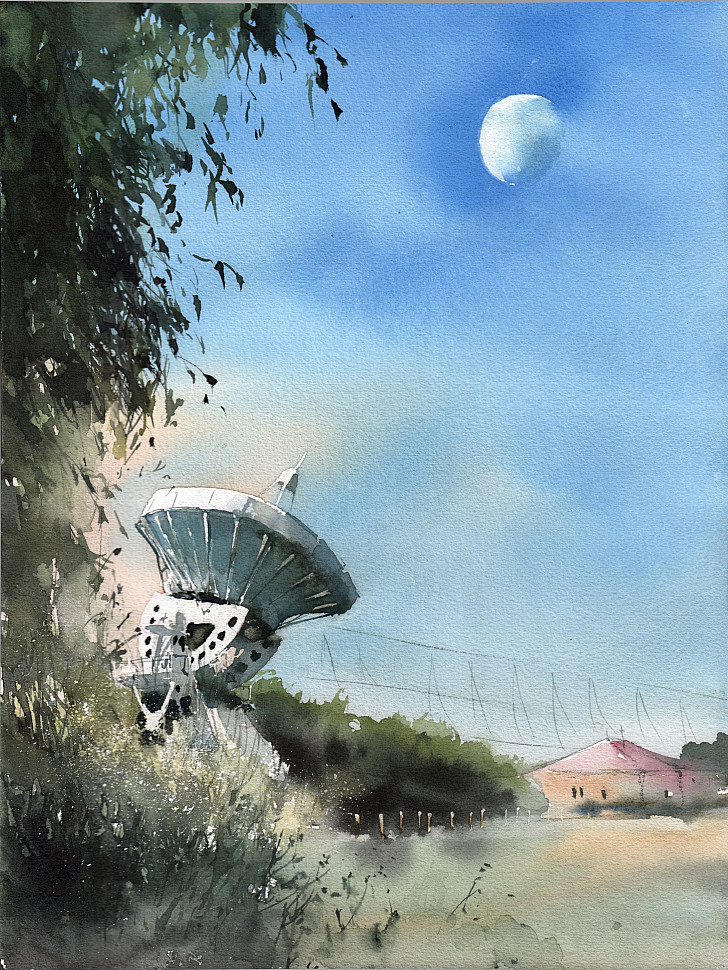 Телескоп смотрит на луну, акварель, картина