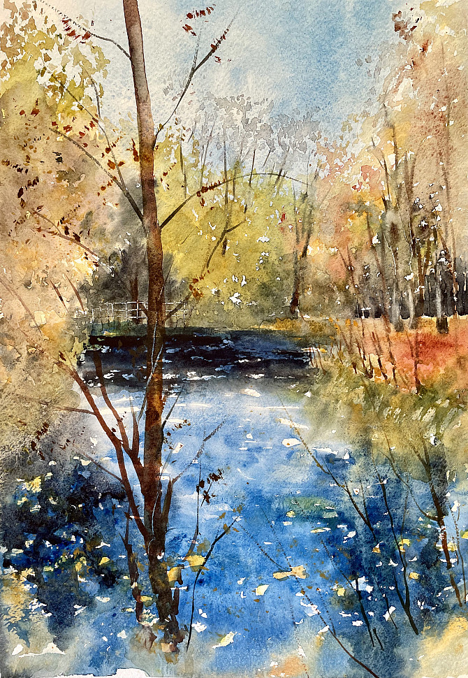 Андреевский пруд, осень, акварель, пейзаж