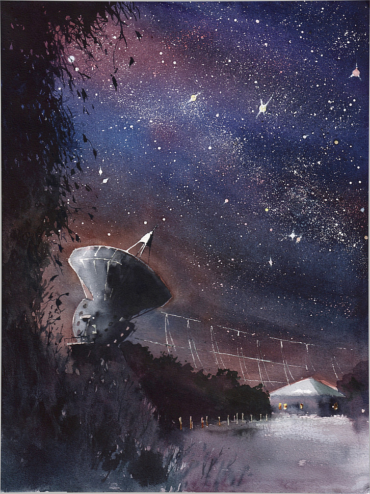 Телескоп смотрит на звёзды, акварель, картина