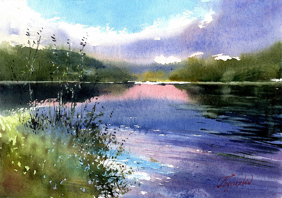 Река Ока октябрьским вечером, акварель, картина