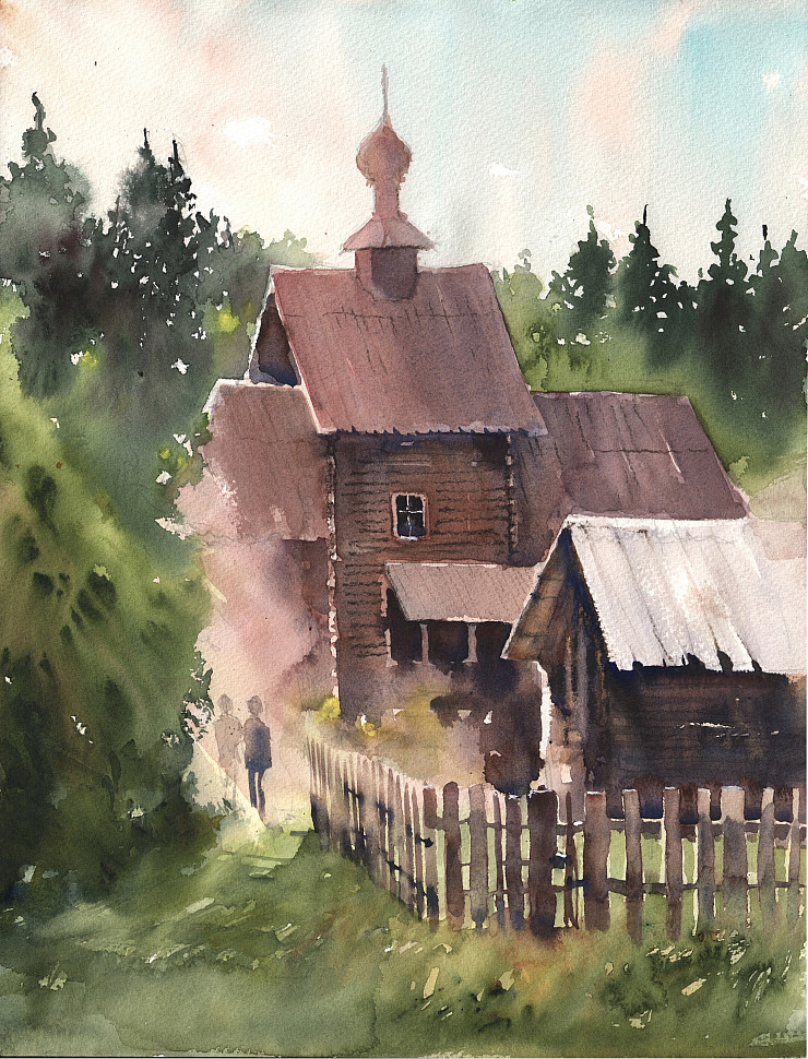 Деревянная церковь в Василёво, акварель, картина
