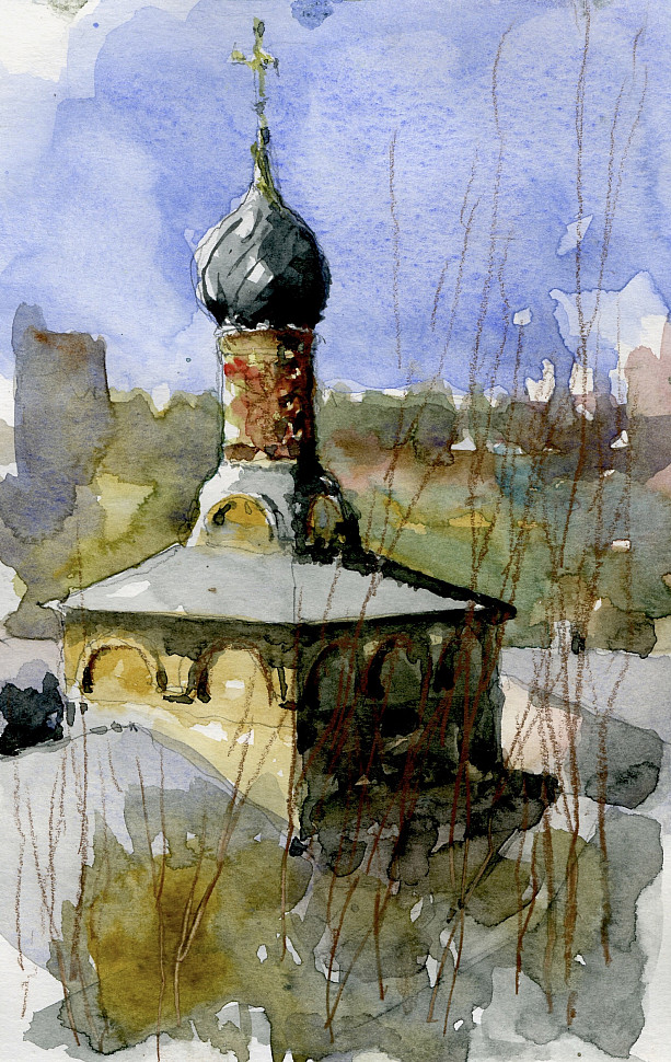 Вид на купол церкви Андреевского монастыря, акварель, набросок
