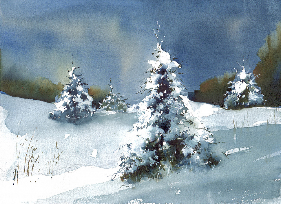 Ёлки в снегу, акварель, пейзаж