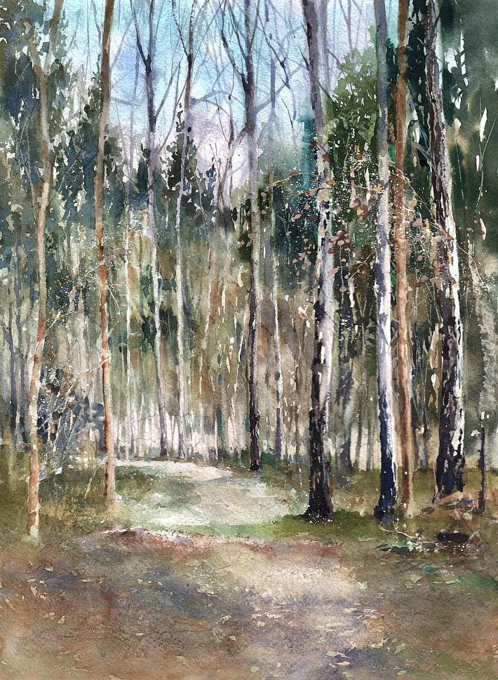 Апрельский лес, акварель, картина